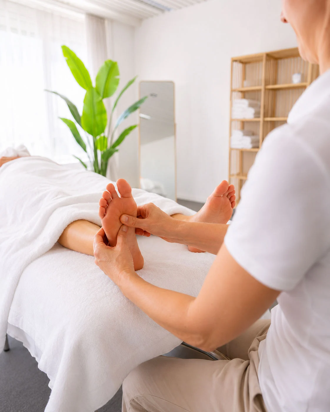 Ruhige Fussreflexzonenmassage an den Füssen in der Praxis in Chur
